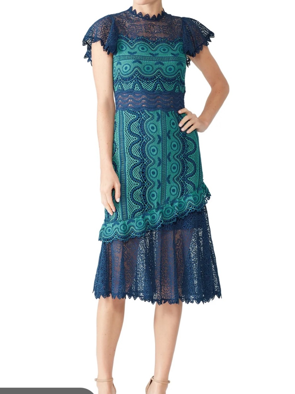 Sea New York Navy and Teal Lace Lola Midi Dress Size 4